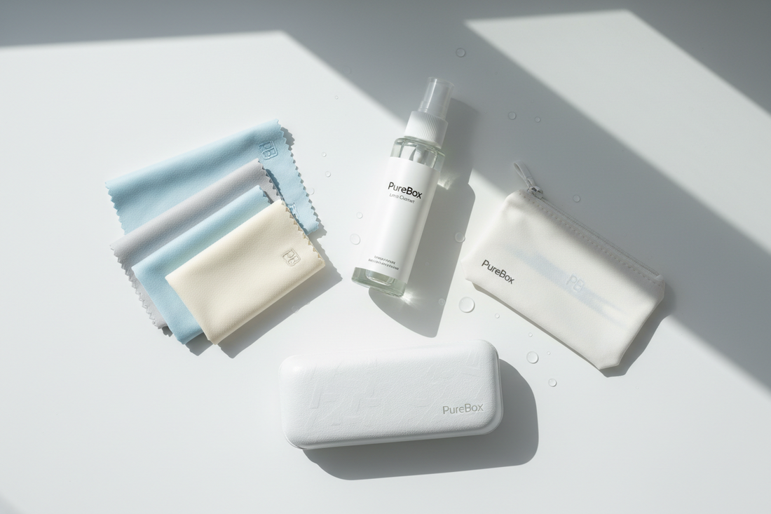 Kit cadeau PureBox pour porteurs de lunettes : chiffons microfibre, spray nettoyant, étui rigide et pochette de rangement